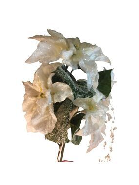 White Glitter Poinsettia Artificial Flowers With Crystal Bead Accents 4 Stems &
